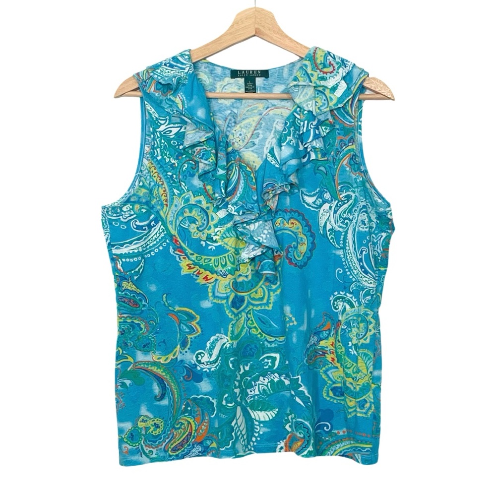 Lauren Ralph Lauren Blue Paisley Floral Print Ruffle Neck Sleeveless Top Large